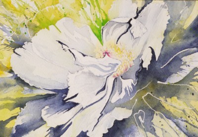 Aquarellbild einer Pfingstrose in expressiven Gelb- und Grüntönen